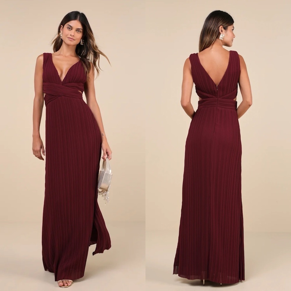 LULUS COMPELLING POISE BURGUNDY RED PLISSE CHIFFON CUTOUT SLEEVELESS MAXI DRESS